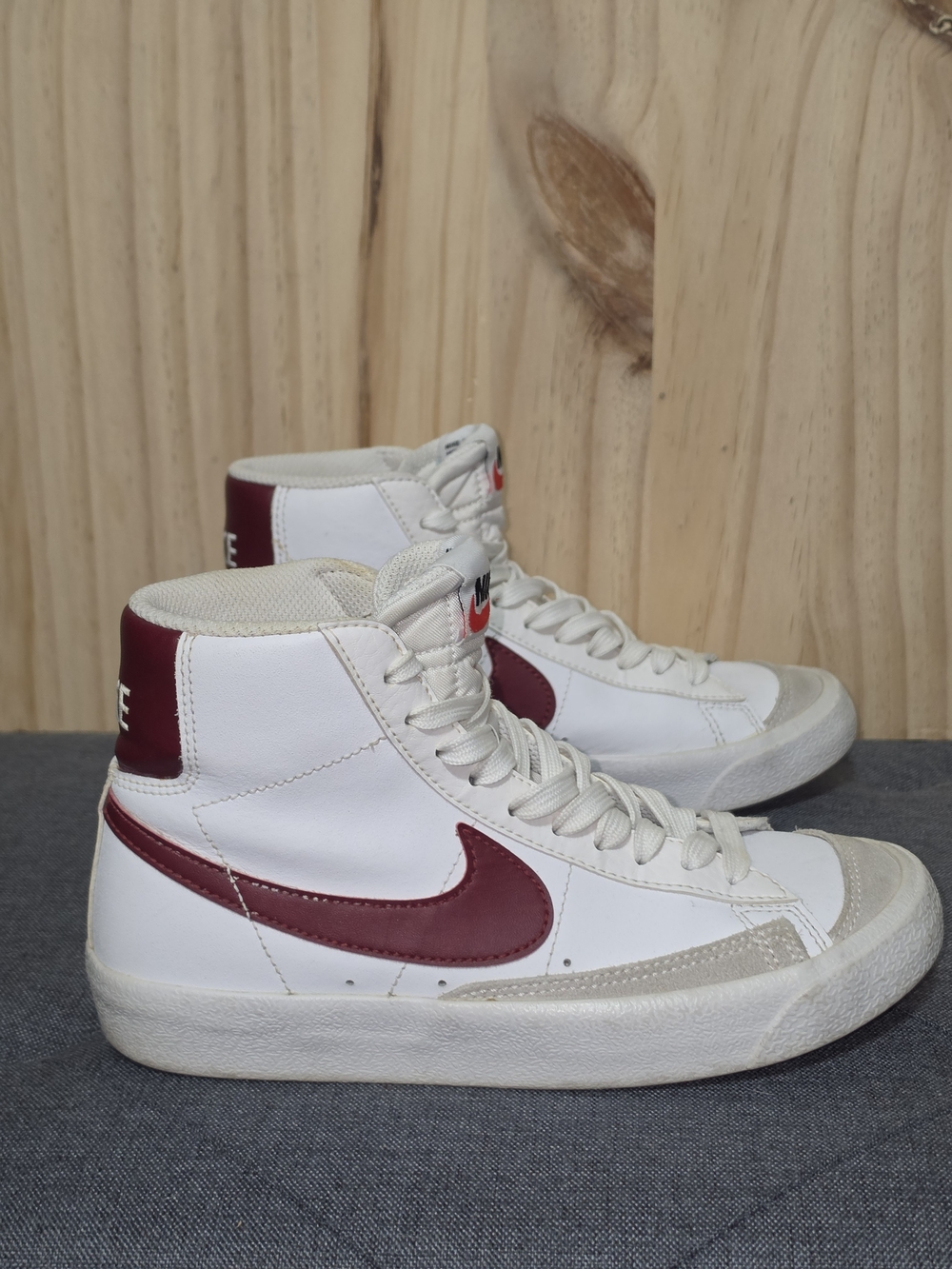 Nike Kids High-Top Sneakers — White with Burgundy Swoosh
